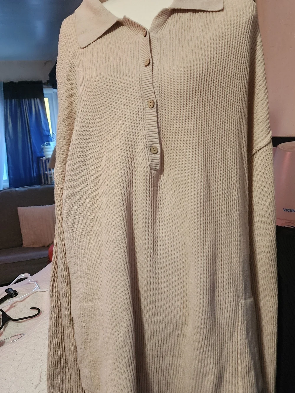 Free People Beige Ribbed Cowl/Turtleneck Button-Front Sweater